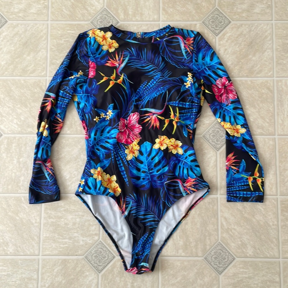 SHEIN Blue Floral Long Sleeve One Piece Swimsuit